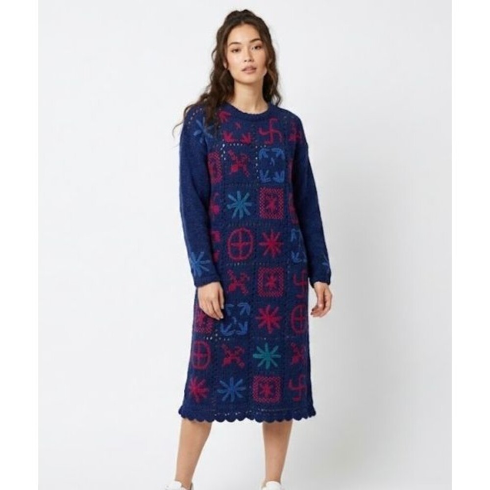Internationale Blue Sweater Dress arge L Handknitted Knit Cozy Winter Boho Retro